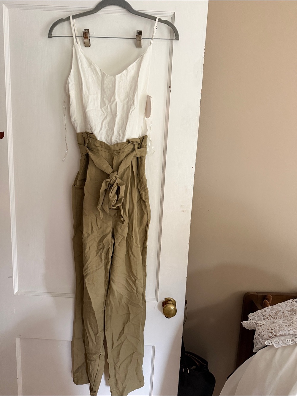 Tie-Waist Two-Tone Jumpsuit in White and Olive